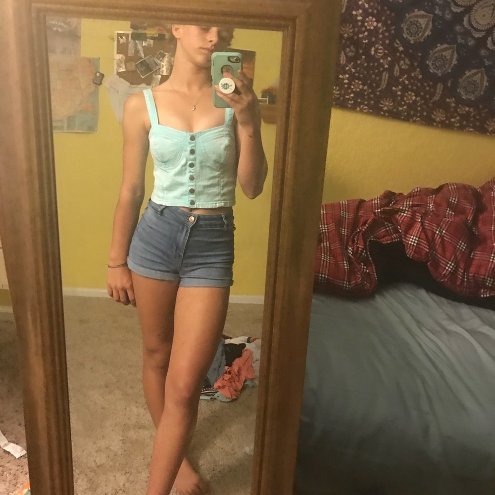 Teal button up crop top